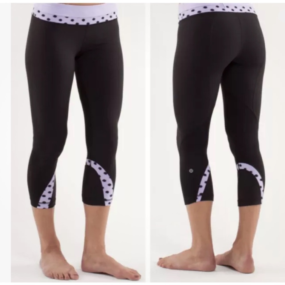 lululemon athletica Black Capri Leggings with Light Lavender Polka Dot Trim